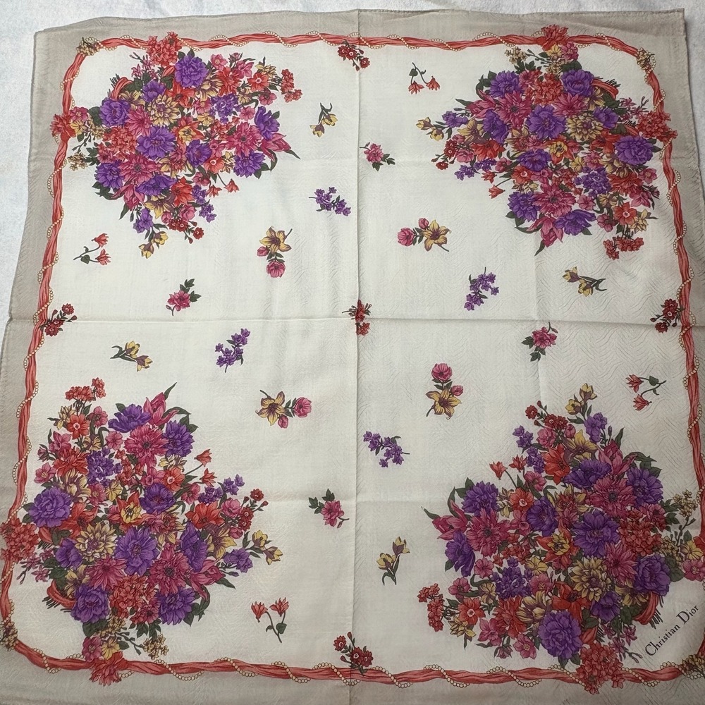 Vtg CHRISTIAN DIOR Scarf Handkerchief Floral Bouquet Jacquard Silk Cream 21"
